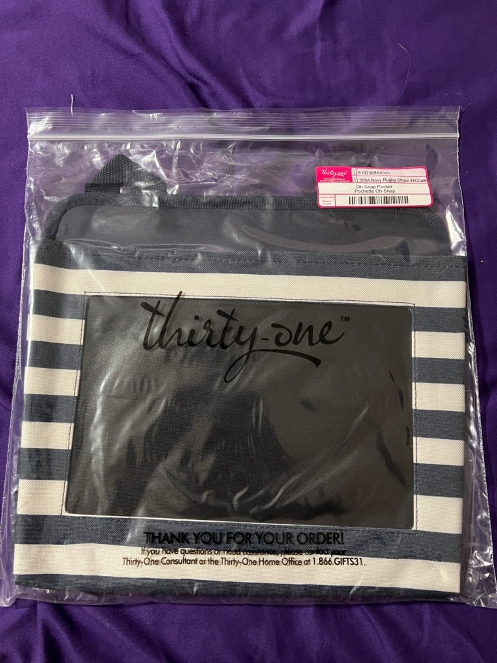Thirty-One Oh-Snap Pocket - navy rugby stripe w/chalk front